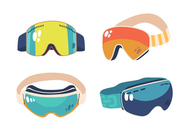 Vecteur les lunettes de neige sont des équipements d'hiver essentiels. elles protègent les yeux de la neige aveuglante et des rayons uv nocifs, assurant une vision claire et une protection pendant les aventures enneigées sur les pistes. illustration vectorielle de dessin animé