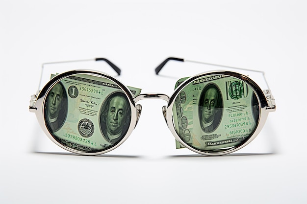 Vecteur des lunettes avec un objectif de cent dollars concept publicitaire art créatif gains de photos