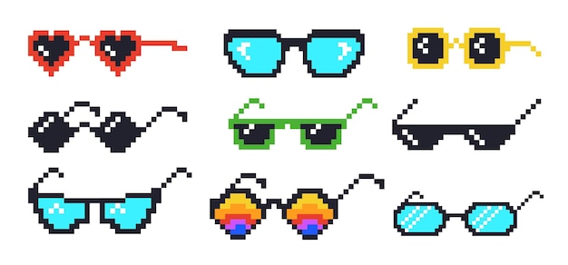 Vecteur lunettes de pixel dessin animé lunettes de soleil 8 bits vie de voyou mafia meme farce drôle noir lunettes de hipster pour gangster rappeur ou patron jeu lunettes blague émoticône illustration vectorielle soignée