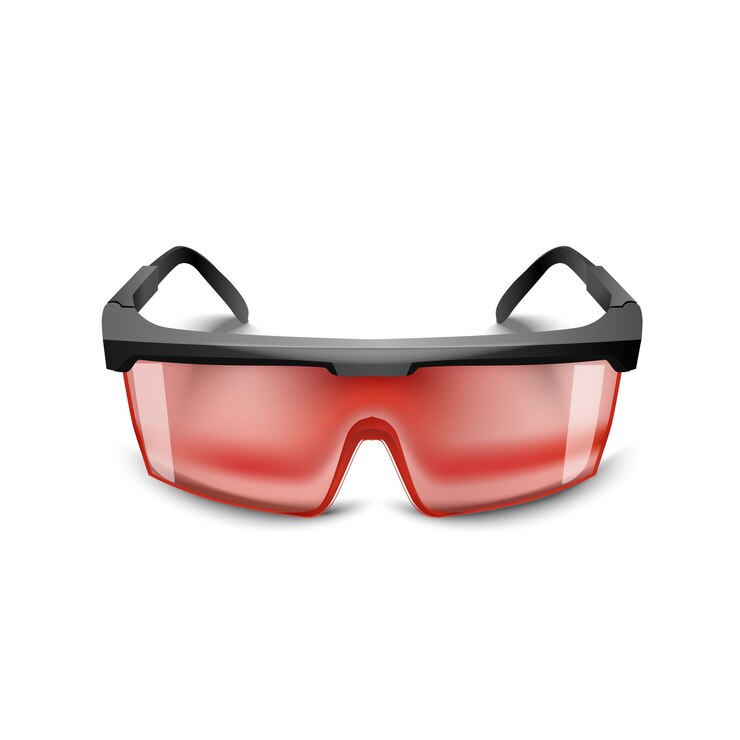 Vecteur lunettes de sécurité rouge en plastique noir sur fond blanc. lunettes de travail équipement de protection des yeux pour la construction, la médecine et le sport