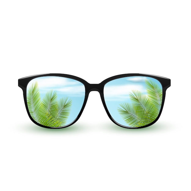 Lunettes de soleil noires avec reflet du ciel de la nature tropicale avec des nuages isolés sur fond blanc