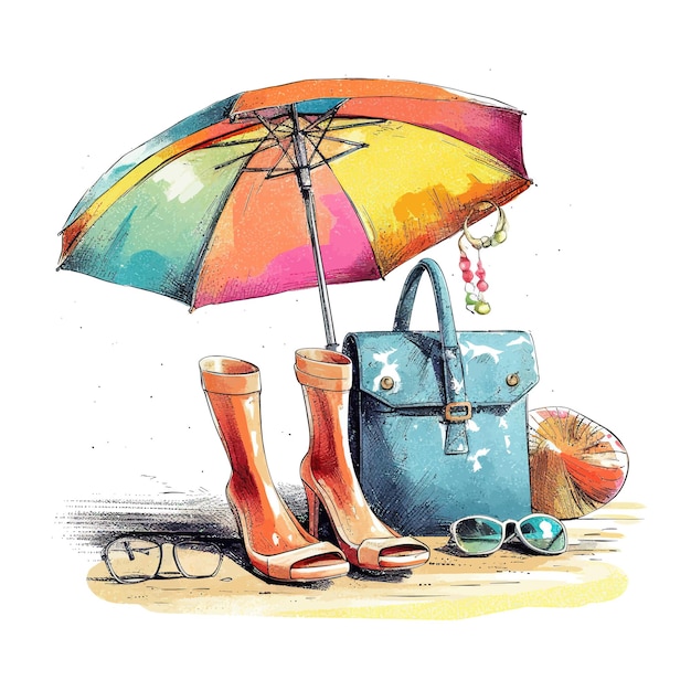 Lunettes de soleil parapluie et sac sur aquarelle de plage