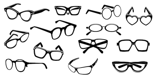 Lunettes de soleil silhouette lunettes noires icônes différentes formes mode lunettes classique rétro hipster geek style protection solaire concept Vector set