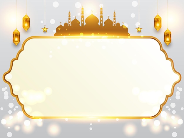 Vecteur luxueuses lumières dorées brillantes ramadan kareem eid al fitr arabe islamique cadre d'arche arrière-plan de la mosquée