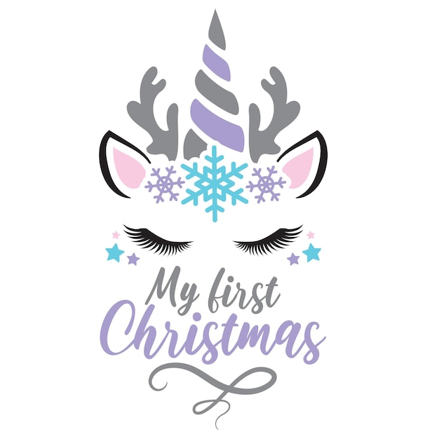 Ma Première Illustration Vectorielle De Noël Avec Un Joli Visage De Licorne De Cerf Et Des Flocons De Neige Pour Filles De Noël