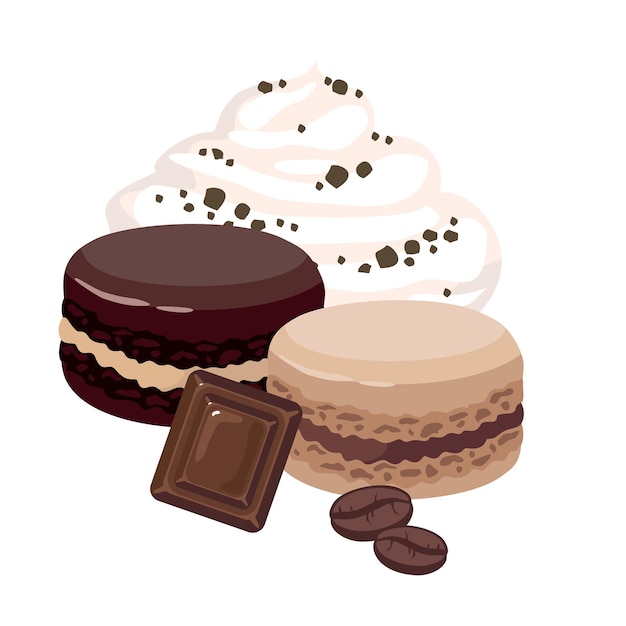 Vecteur macarons café et chocolat, tranche de chocolat, grains de café, chantilly.