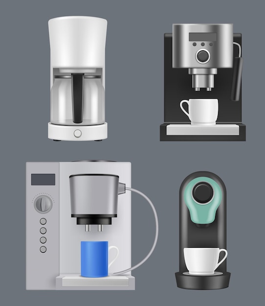 Machine à café Machine de production de boissons chaudes réalistes Cafetières pour le petit déjeuner Café Distributeur de boissons Expresso Capuchino Articles de cuisine Ensemble d'illustrations vectorielles décentes
