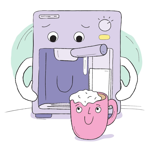 Machine à café et tasse de cappuccino doodles se regardant