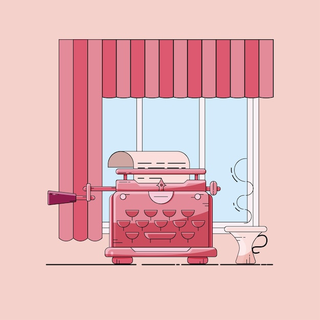 Vecteur la machine à écrire isolée rose icône plate rétro avec vue à travers la fenêtre