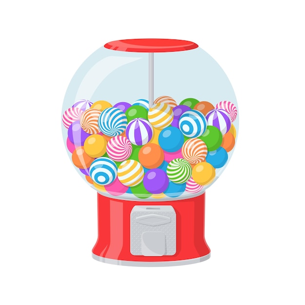 Vecteur machine à gommes, distributeur rouge avec bubble-gums rayés. illustration de dessin animé de vecteur de distributeur automatique avec un récipient transparent plein de bonbons à mâcher ronds et de bonbons isolés sur fond blanc