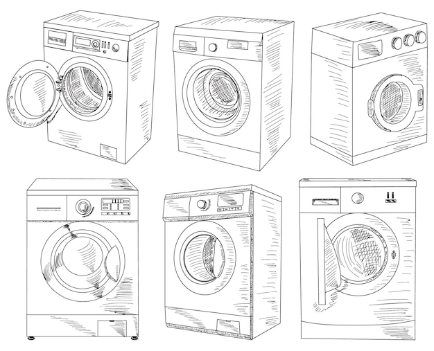 Machine à Laver Ensemble De Croquis Sur Fond Blanc