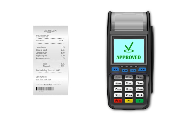 Machine de paiement 3d noir réaliste de vecteur Gros plan d'un terminal de point de vente avec un reçu sur un fond blanc Disposition du modèle de conception Dispositif de traitement des paiements NFC Vue de dessus