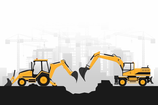 Machinerie lourde de pelle rétrocaveuse et excavatrice sur roues avec fond gris de bâtiments en construction
