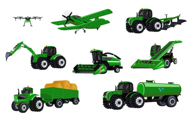 Vecteur les machines agricoles transportent un ensemble plat d'icônes isolées avec vue sur l'illustration vectorielle des unités de machines spéciales de couleur verte