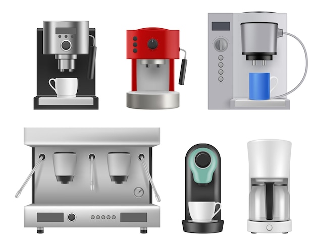 Machines à café Articles de cuisine pour la préparation de boissons chaudes cappuchino et expresso produits liquides vecteur décent ensemble réaliste isolé