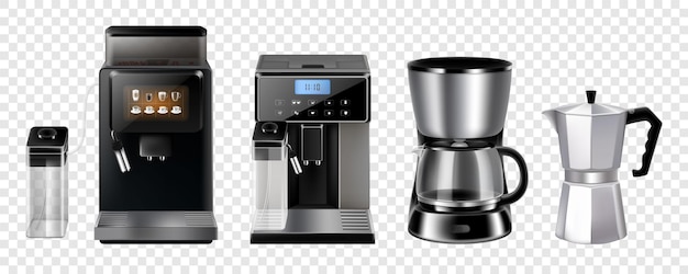 Machines à café réalistes isolées sur fond transparent Cafetières et pot à expresso c