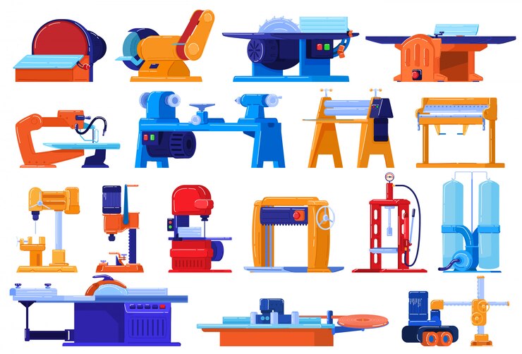Vecteur machines électriques, équipement d'usine sur blanc, fabrication d'installations industrielles, illustration