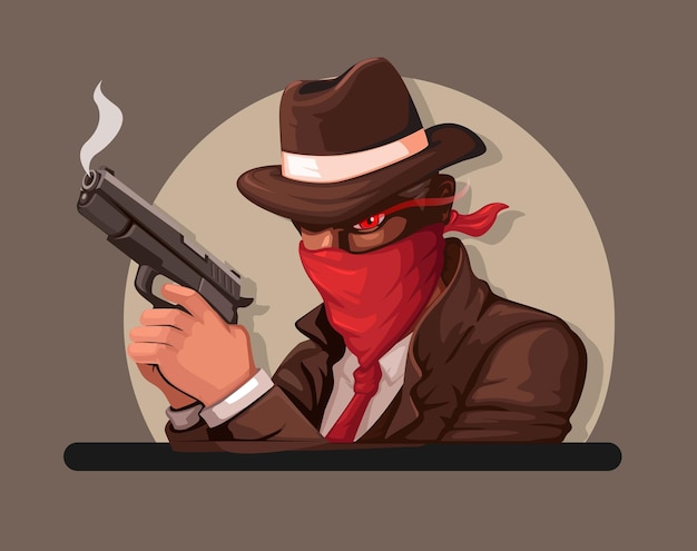 Mafia Porter Un Masque Et Tenant Le Vecteur D'illustration De Dessin Animé De Mascotte De Personnage De Pistolet