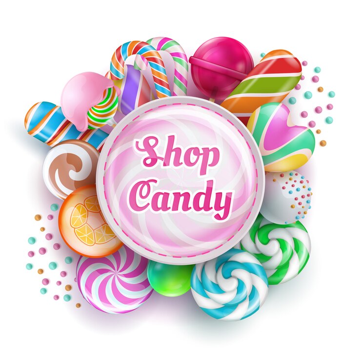 Vecteur magasin de bonbons avec des bonbons réalistes, des bonbons, du caramel, des sucettes arc-en-ciel et de la barbe à papa. illustration vectorielle