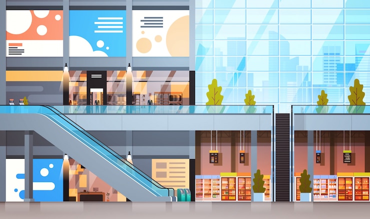 Vecteur magasin de détail moderne avec beaucoup de magasins et intérieur vide de supermarché
