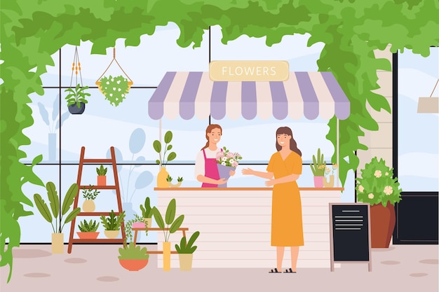 Magasin De Fleurs Fleuriste Debout Au Comptoir Client Visitant La Boutique Et Achetant Un Bouquet Pour Les Vacances Vente De Plantes D'intérieur En Pot Pour La Décoration Intérieure Service De Vente Au Détail Avec Illustration Vectorielle Jeune Propriétaire