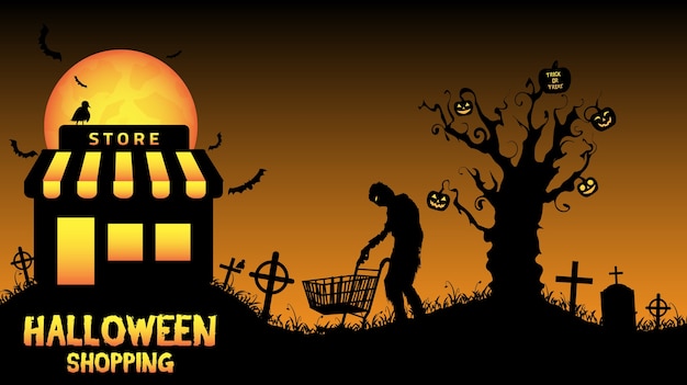 Vecteur magasin d'halloween ouvert au cimetière