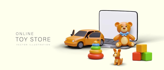 Vecteur magasin de jouets en ligne achat de différents jouets via un ordinateur portable pyramide automobile 3d et cubes