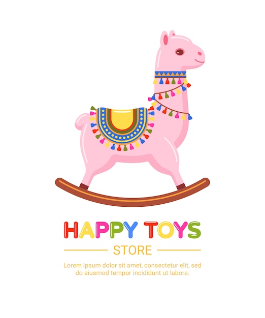 Magasin De Jouets Pour Enfants Avec Lama Rose. Illustration Colorée De Jouet à Bascule Pour Les Enfants