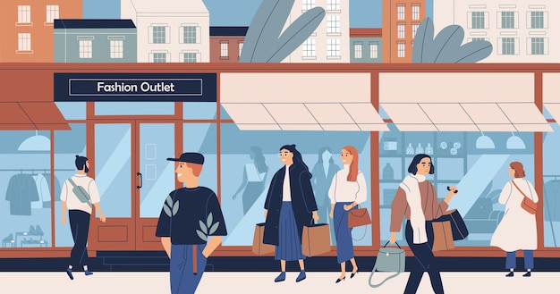 Magasin de mode, magasin de vêtements de masse, boutique de vêtements à la mode, centre commercial ou centre commercial et personnes, acheteurs ou clients marchant le long de la rue de la ville. Illustration vectorielle colorée de dessin animé plat.