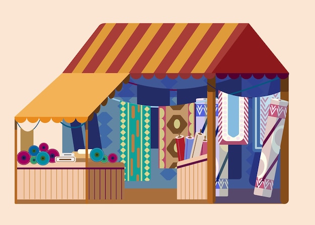 Magasin de tissus de rue avec beaucoup de tapis