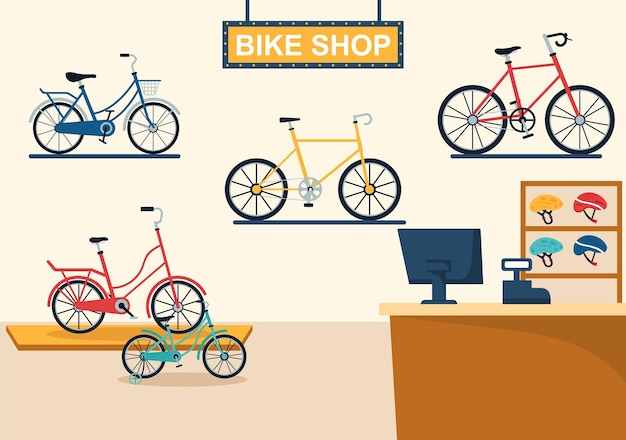 Magasin de vélos avec des acheteurs choisissant des cycles ou des équipements d'équipement pour l'équitation dans l'illustration dessinée à la main