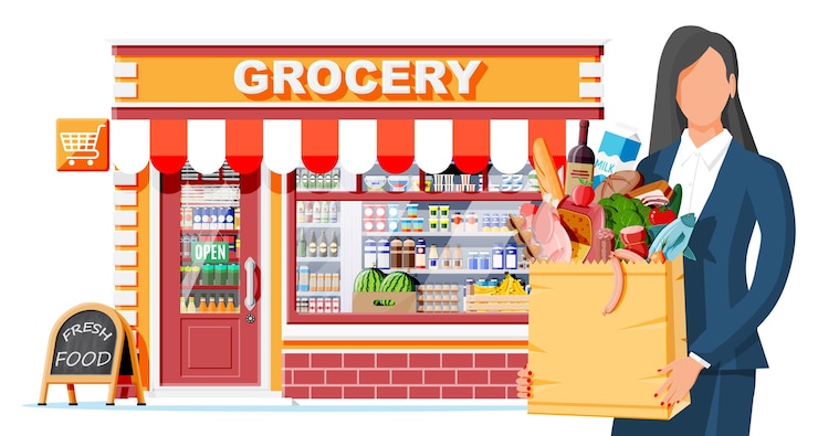 Vecteur magasins d'épicerie et clients féminins