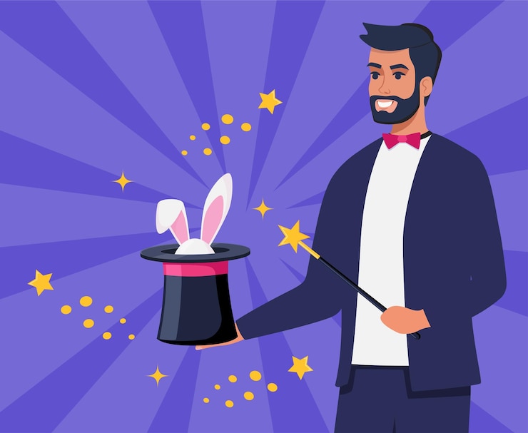 Vecteur un magicien illusionniste démontrant un tour et sortant un lapin du chapeau concept de magie de scène