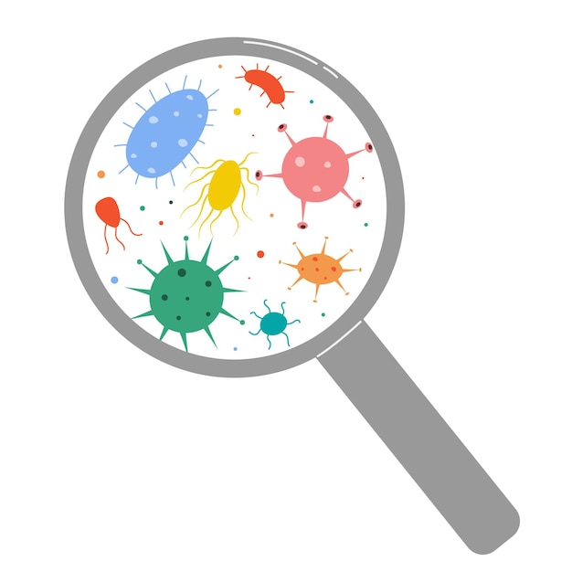 Magnification avec des bactéries et des virus Magnification à la bactérie dans le style des dessins animés