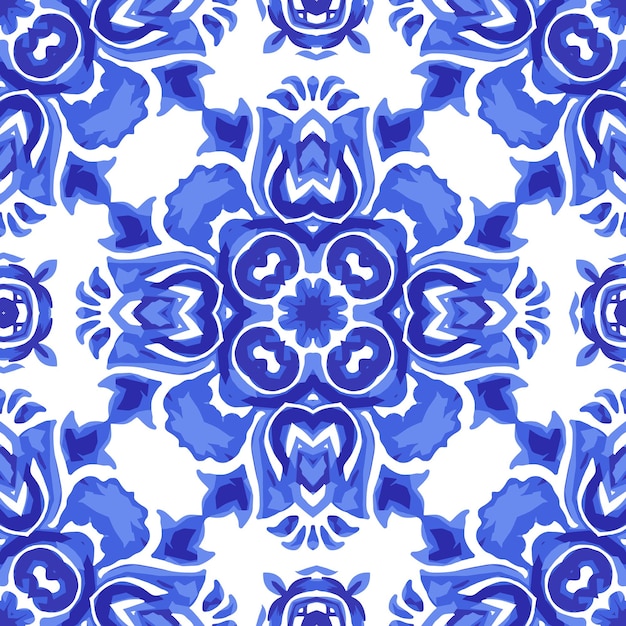 Magnifique motif harmonieux de vecteur de fond de fleurs de carreaux méditerranéens sans couture. Decoartive mosaique bleu design céramique