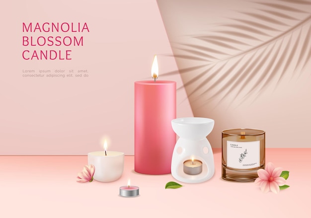 Magnolia Blossom Candle Ads Banner Concept Poster Carte Vector Il s'agit d'une publicité à la bougie à la fleur de magnolia.