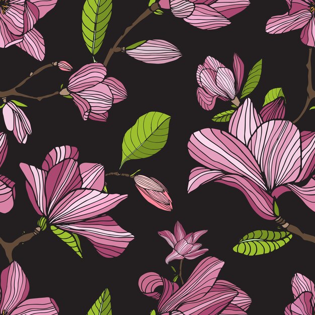 Magnolia à Fleurs, Couleur Rose Sur Fond Sombre. Dessiné à La Main Sans Soudure Coloré