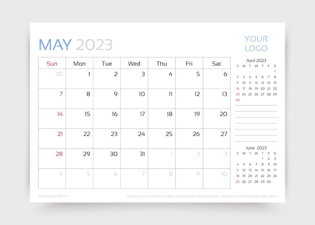 Mai 2023 Calendrier De L'année Modèle De Planificateur Mensuel De Bureau Illustration Vectorielle