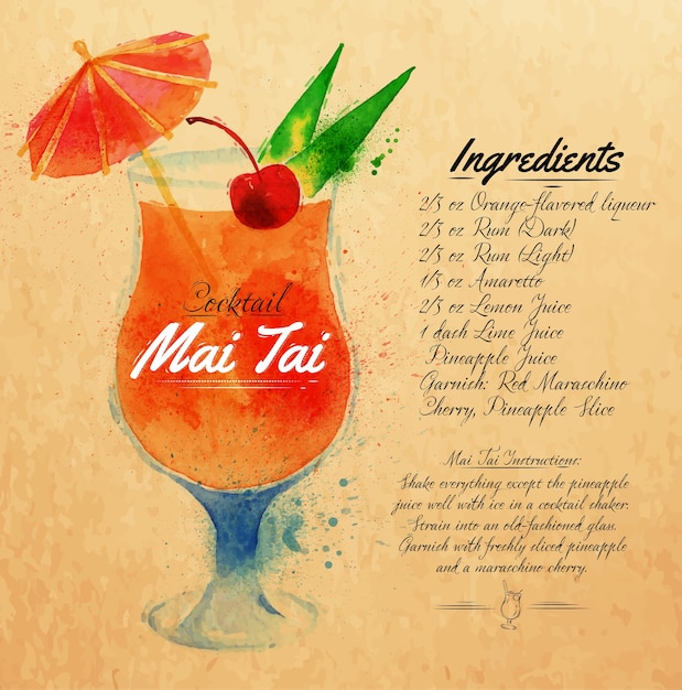 Vecteur mai tai cocktails aquarelle kraft