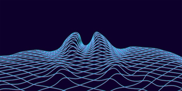 Maillage 3d dégradé abstrait ondulé sur fond sombre Illustration vectorielle filaire de technologie 3D d'ondes dynamiques géométriques