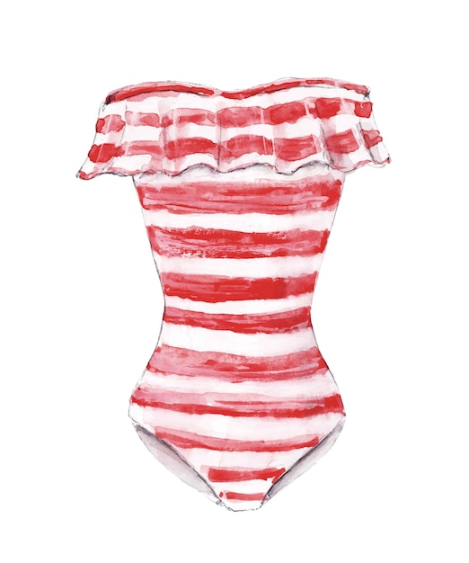 Maillot De Bain Rayé Rouge Onepiece Aquarelle Illustration Mignonne Dessinée à La Main Isolée Sur Fond Blanc