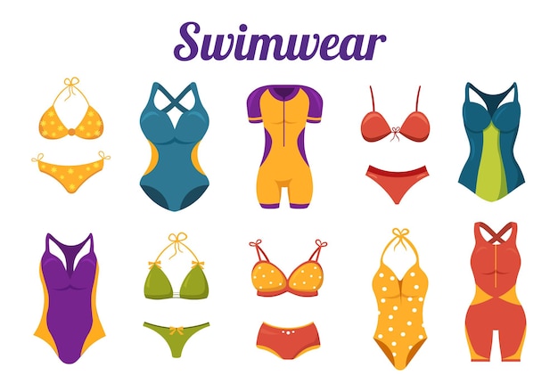 Vecteur maillots de bain avec différents modèles de bikinis et maillots de bain pour femmes à l'illustration de la plage d'été