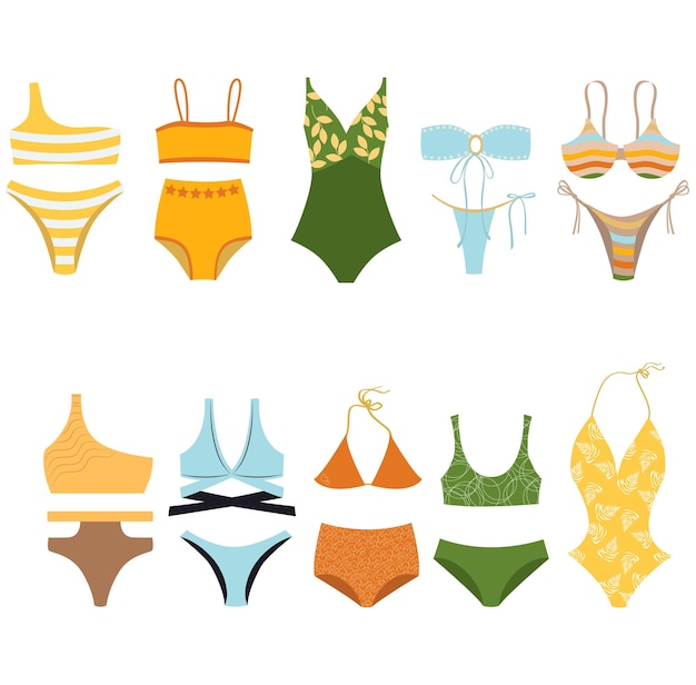 Vecteur maillots de bain types illustration vectorielle plane, ensemble de bikini, ensemble de bikini imprimé, maillots de bain pour femmes