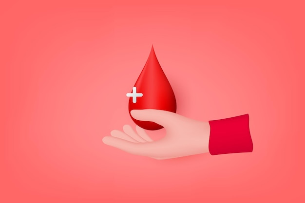 Main 3d tenant le concept de don de sang de gouttelettes de sang Illustration vectorielle 3d de la Journée mondiale du donneur de sang