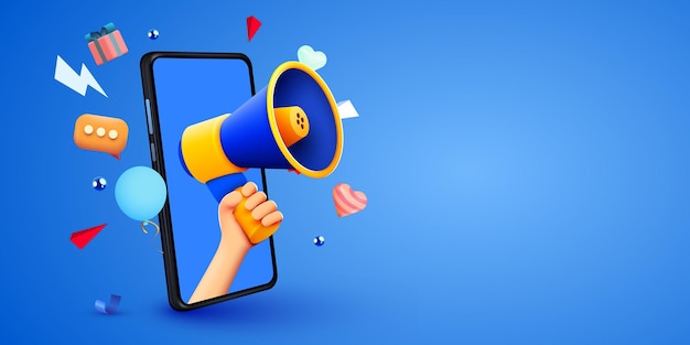 Main 3d tenant le haut-parleur du mégaphone dans le smartphone pour annoncer la maquette de promotion des médias sociaux