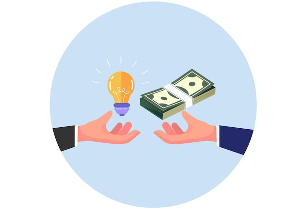 Vecteur main avec une ampoule et l'autre main donnant de l'argent crowdfunding idée d'innovation concepts d'investissement