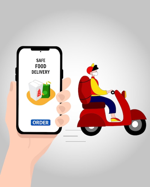 Main avec application téléphonique Concept de livraison de restauration rapide avec livreur sur scooter en illustration vectorielle