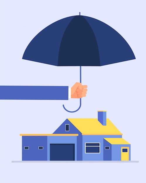 Main De L'assureur Avec Parapluie Sur La Maison. Concept D'entreprise De Maisons Protection Assurance Vecteur