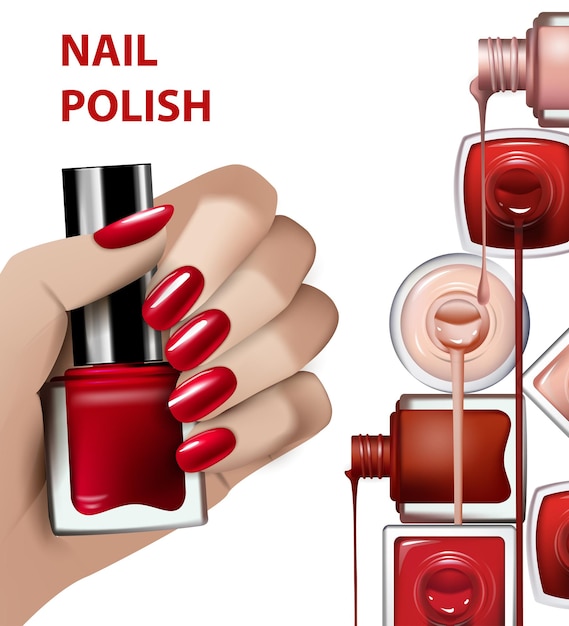 Vecteur main avec une bouteille de vernis à ongles rouge illustration de mode et de beautévector template