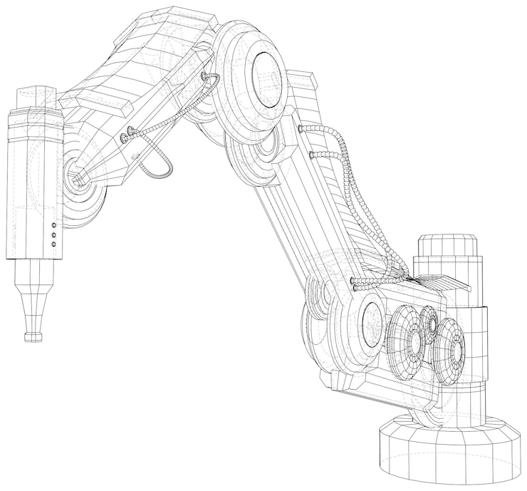 Vecteur main de bras robotique isolée sur blanc filaire technique rendu vectoriel de 3d